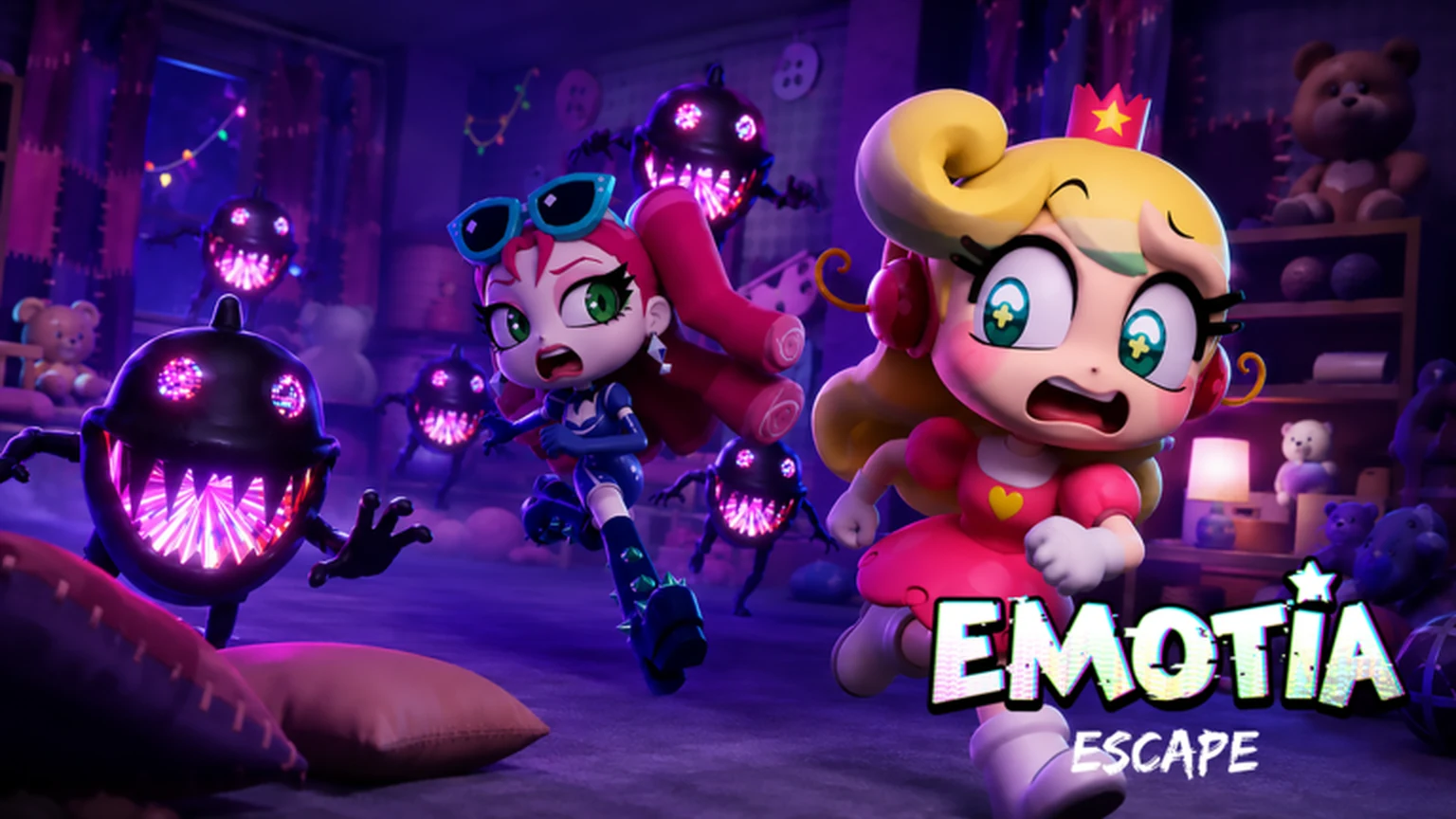 Official EMOTIA Escape artwork showing players fleeing monsters